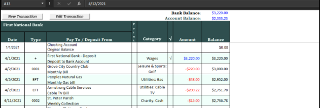 Checkbook for Excel screenshot