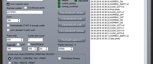 Photo booth cash control system screenshot