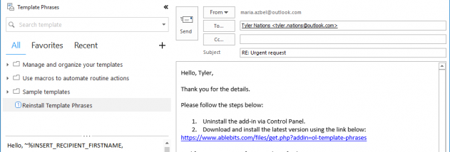Template Phrases for Microsoft Outlook screenshot